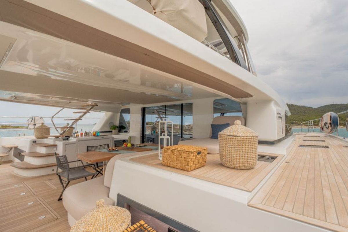 Deck of Valium 67, a Lagoon Sixty 7 catamaran at Municipal Unit of Nea Peramos, Greece