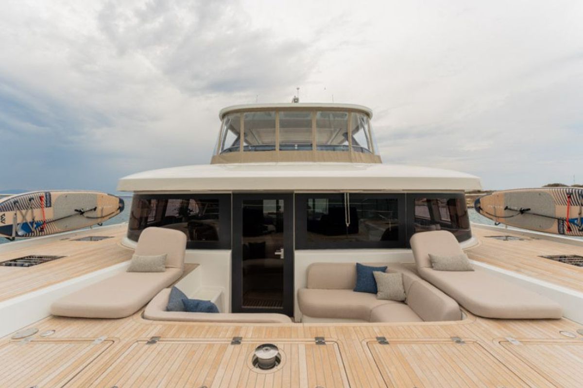 Deck of Valium 67, a Lagoon Sixty 7 catamaran at Municipal Unit of Nea Peramos, Greece