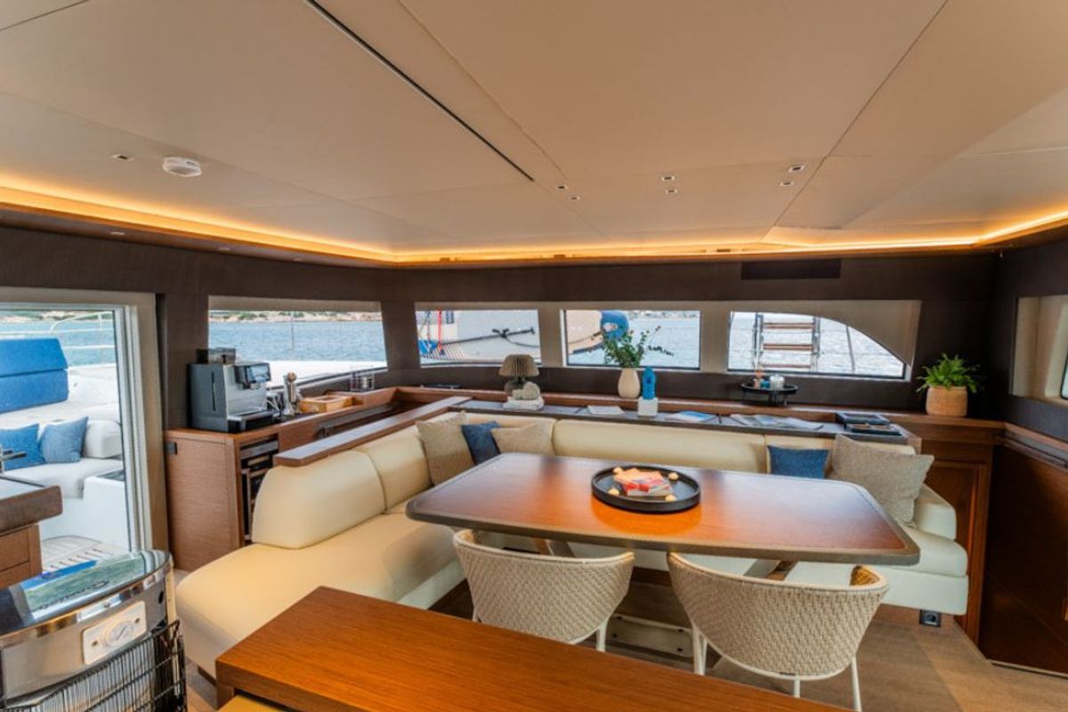 Salon of Valium 67, a Lagoon Sixty 7 catamaran at Municipal Unit of Nea Peramos, Greece