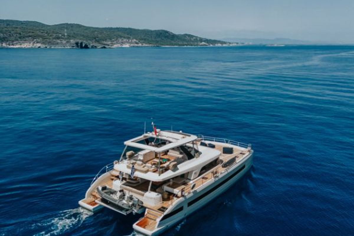 Exterior view of Valium 67, a Lagoon Sixty 7 catamaran at Municipal Unit of Nea Peramos, Greece