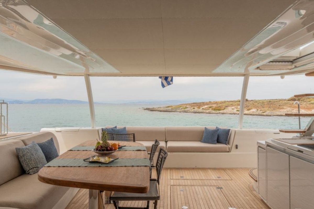 Deck of Valium 67, a Lagoon Sixty 7 catamaran at Municipal Unit of Nea Peramos, Greece