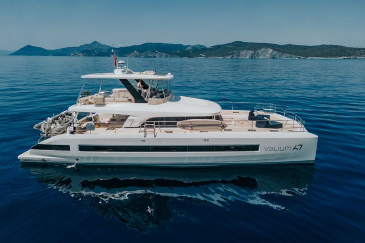 Exterior view of Valium 67, a Lagoon Sixty 7 catamaran at Municipal Unit of Nea Peramos, Greece