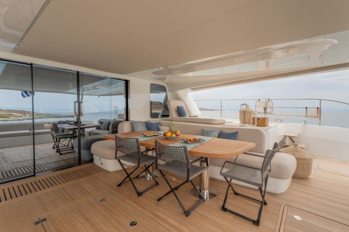 Deck of Valium 67, a Lagoon Sixty 7 catamaran at Municipal Unit of Nea Peramos, Greece