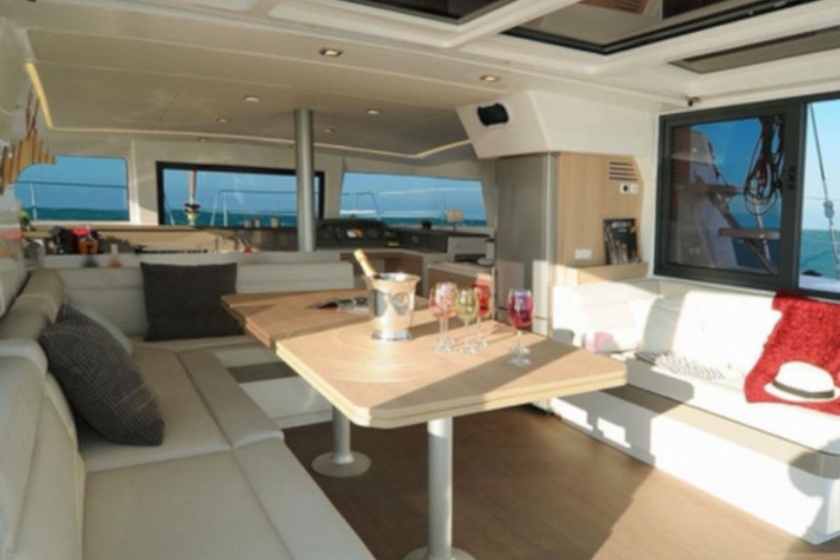 Salon of Viewfinder, a Bali 4.1 catamaran at Ribishi, Saint Vincent and the Grenadines
