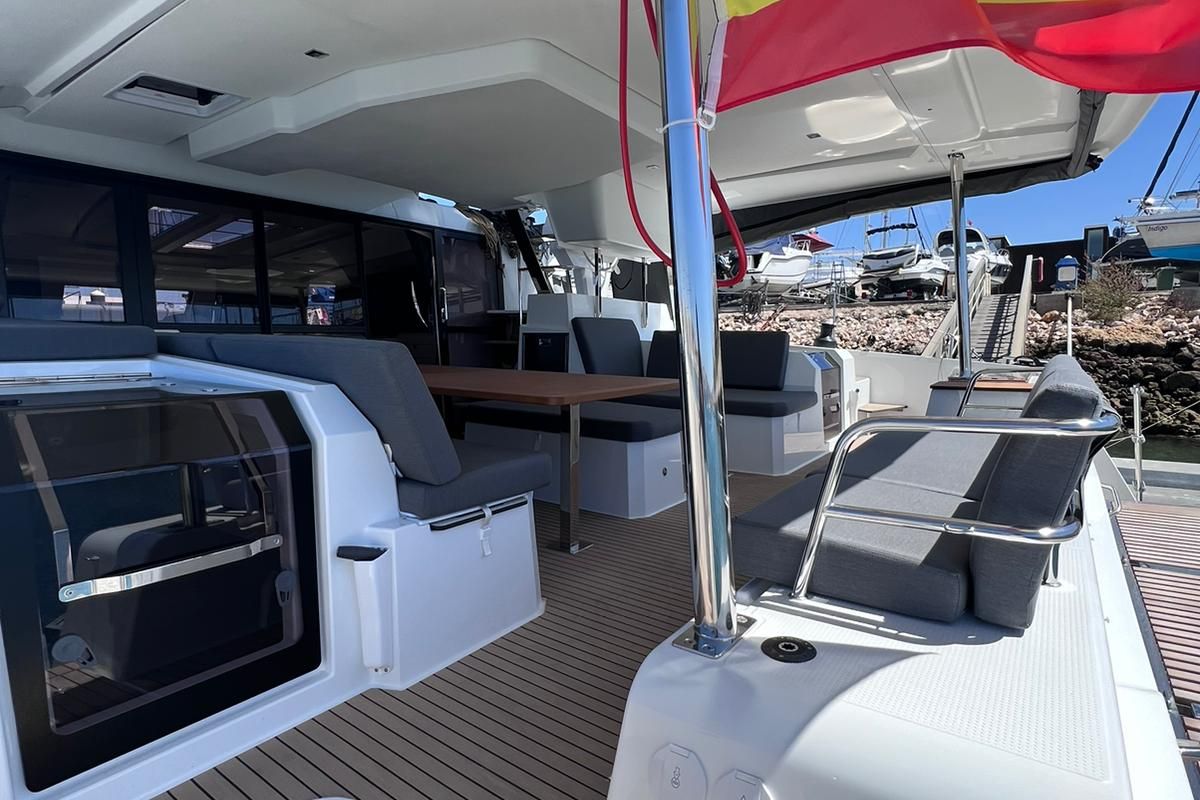Deck of Le Grand Bogavant, a Fountaine Pajot Aura 51 catamaran at Sant Antoni de Portmany, Spain