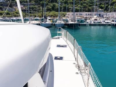 Deck of Sharanda, a Lagoon 42 catamaran at Capo d'Orlando, Italy