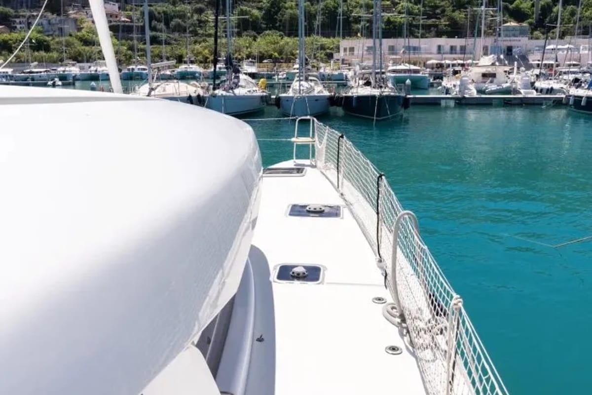 Deck of Sharanda, a Lagoon 42 catamaran at Capo d'Orlando, Italy