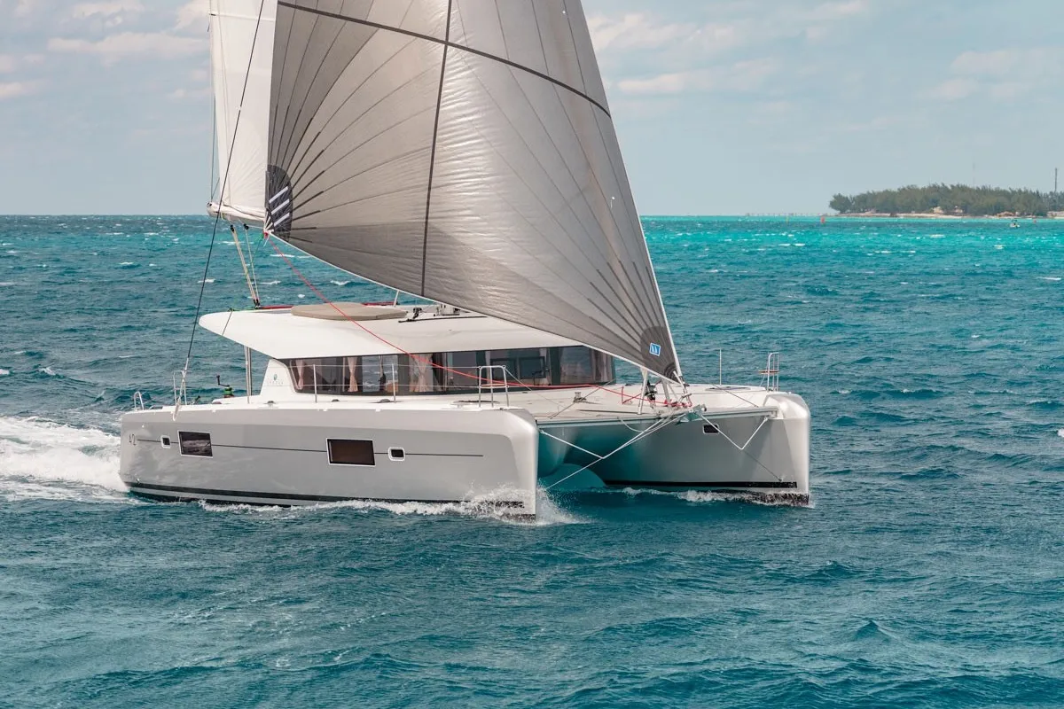 Exterior view of Sharanda, a Lagoon 42 catamaran at Capo d'Orlando, Italy