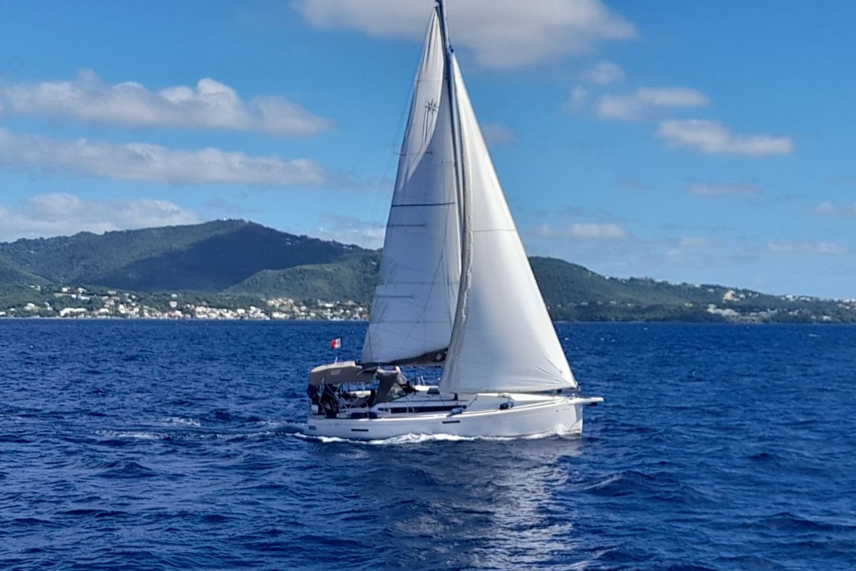 Exterior view of Algol, a Jeanneau Sun Odyssey 389 sailboat at Alameda, United States