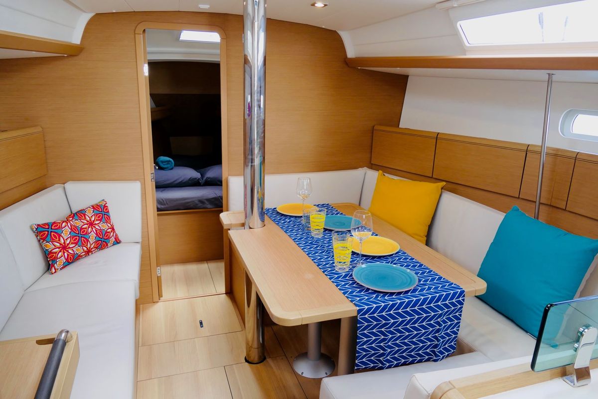 Salon of Algol, a Jeanneau Sun Odyssey 389 sailboat at Alameda, United States