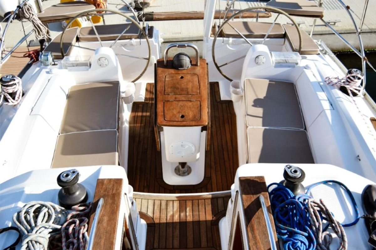 Cockpit of Naias, a Elan Impression 434 sailboat at Kavala, Greece
