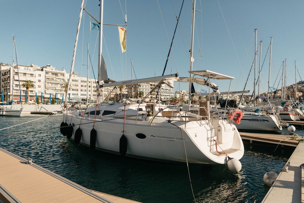 Exterior view of Naias, a Elan Impression 434 sailboat at Kavala, Greece