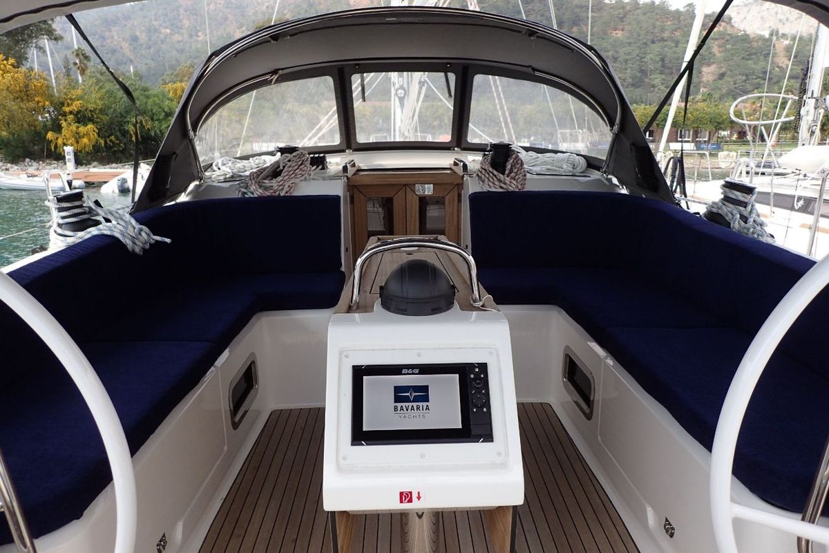 Cockpit of Rama, a Bavaria Cruiser 46 sailboat at Fethiye, Turkey