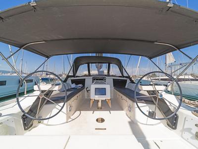 Cockpit of Ocean Wisper, a Dufour 430 sailboat at Port of Avdira, Greece