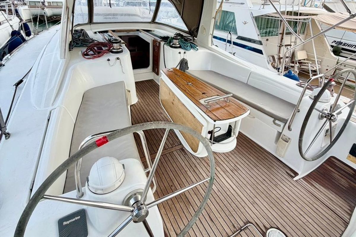 Cockpit of ZOI, a Beneteau Oceanis 50 Family sailboat at Municipal Unit of Lefkada, Greece
