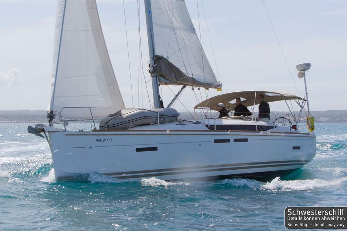Exterior view of Veterano, a Jeanneau Sun Odyssey 409 sailboat at Barth, Germany