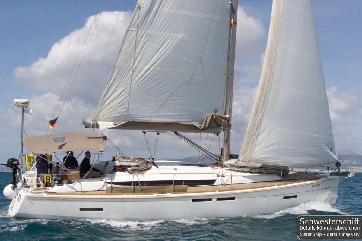 Exterior view of Veterano, a Jeanneau Sun Odyssey 409 sailboat at Barth, Germany