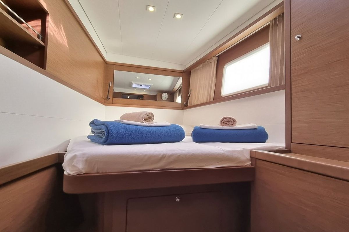 Cabin on Carmela, a Lagoon 450 Fly catamaran at Sant Antoni de Portmany, Spain