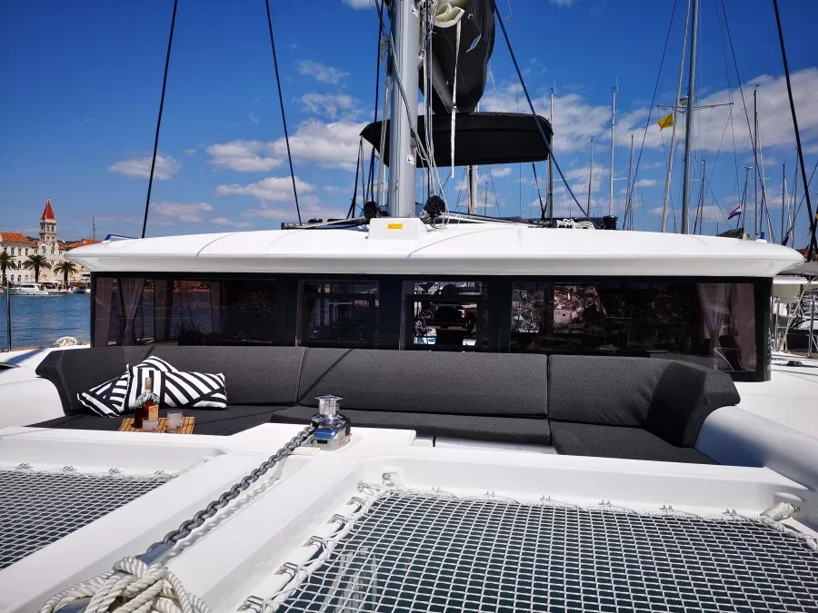 Deck of Carmela, a Lagoon 450 Fly catamaran at Sant Antoni de Portmany, Spain