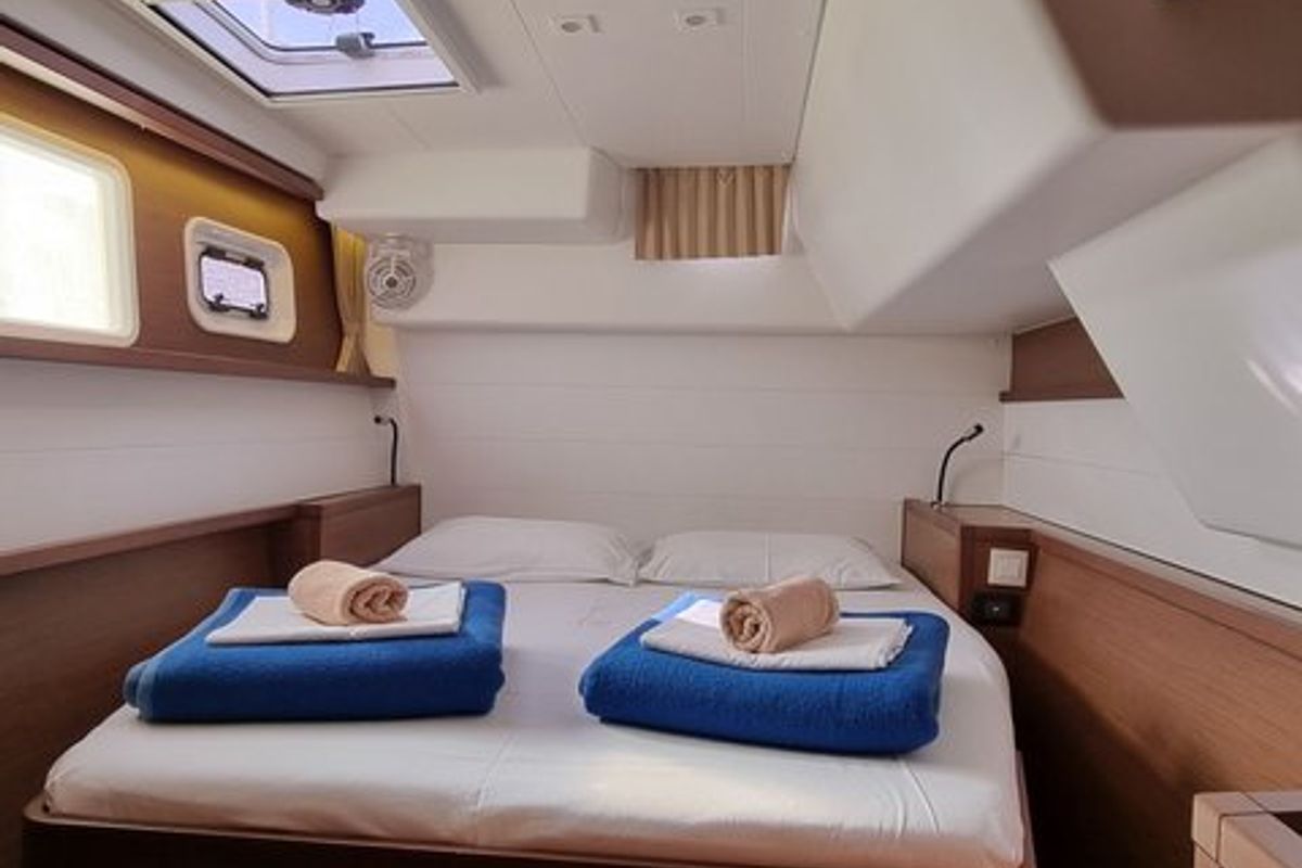 Cabin on Carmela, a Lagoon 450 Fly catamaran at Sant Antoni de Portmany, Spain