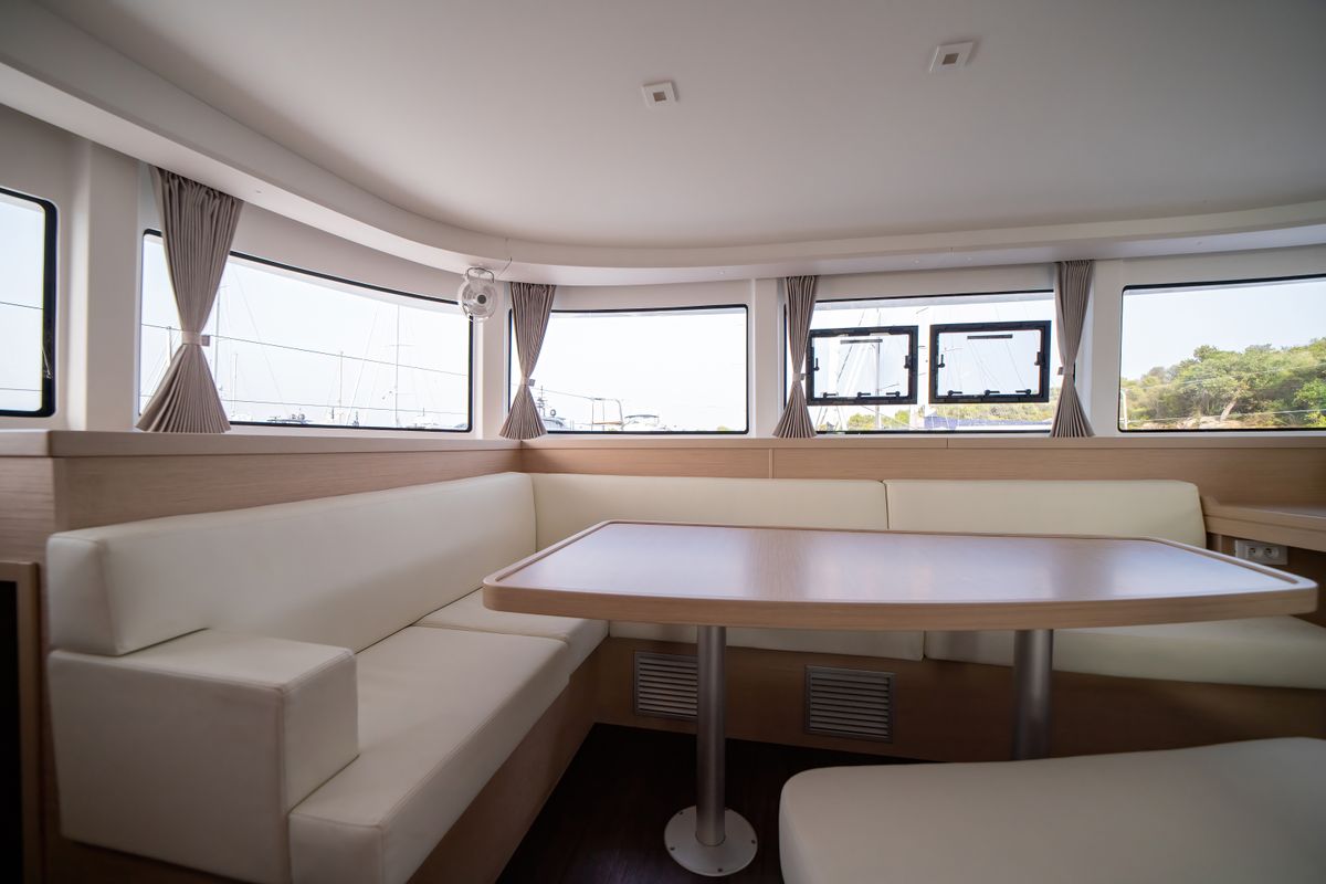 Salon of Cassatina, a Lagoon 42 catamaran at Olbia, Italy