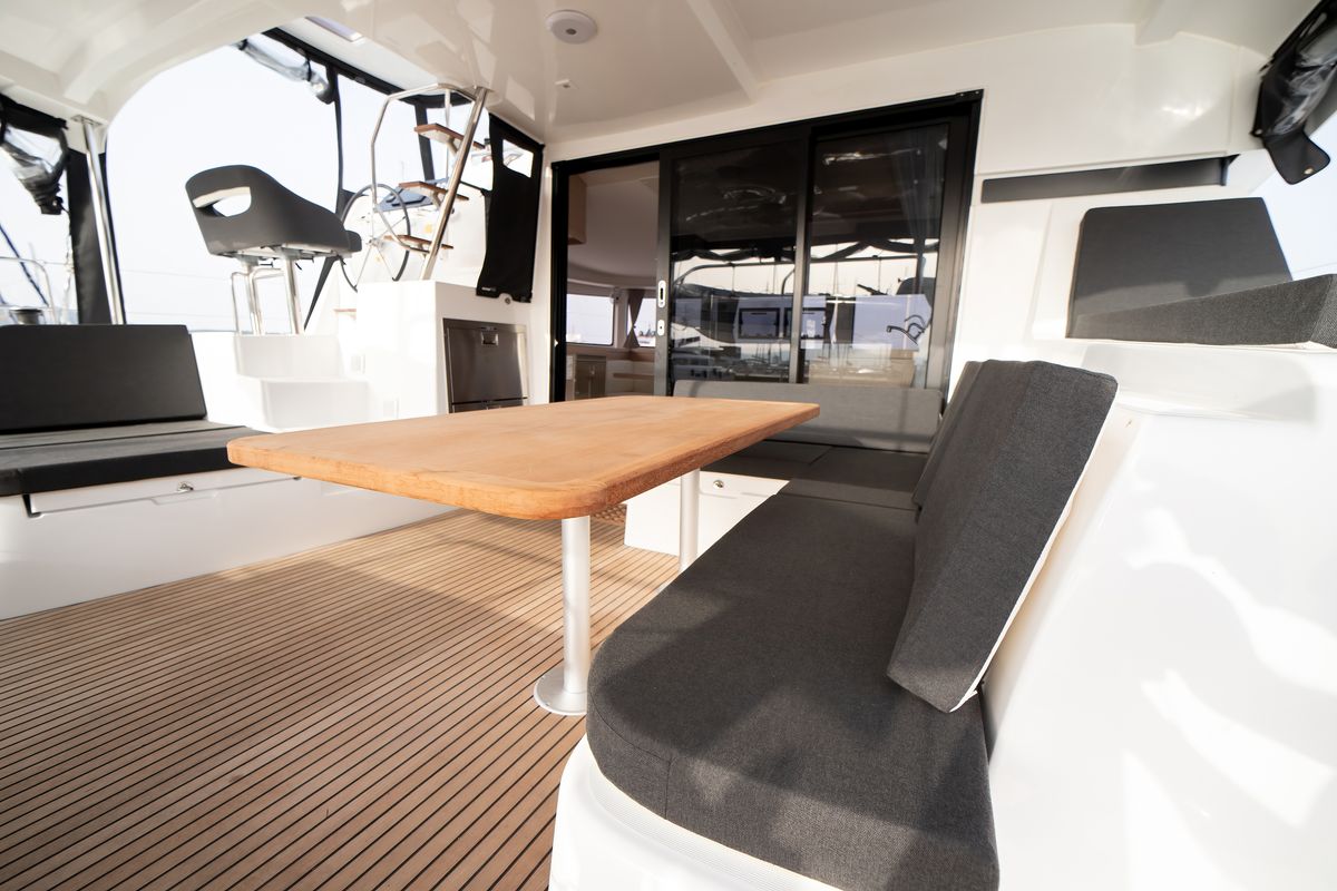 Deck of Cassatina, a Lagoon 42 catamaran at Olbia, Italy