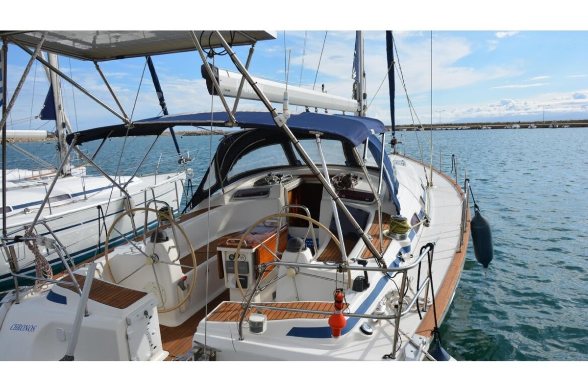 Deck of Chronos, a Bavaria 46 sailboat at Port of Avdira, Greece