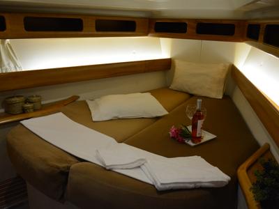 Cabin on Chronos, a Bavaria 46 sailboat at Port of Avdira, Greece