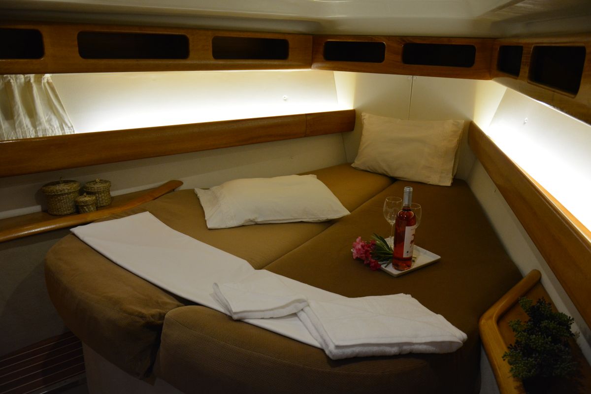 Cabin on Chronos, a Bavaria 46 sailboat at Port of Avdira, Greece