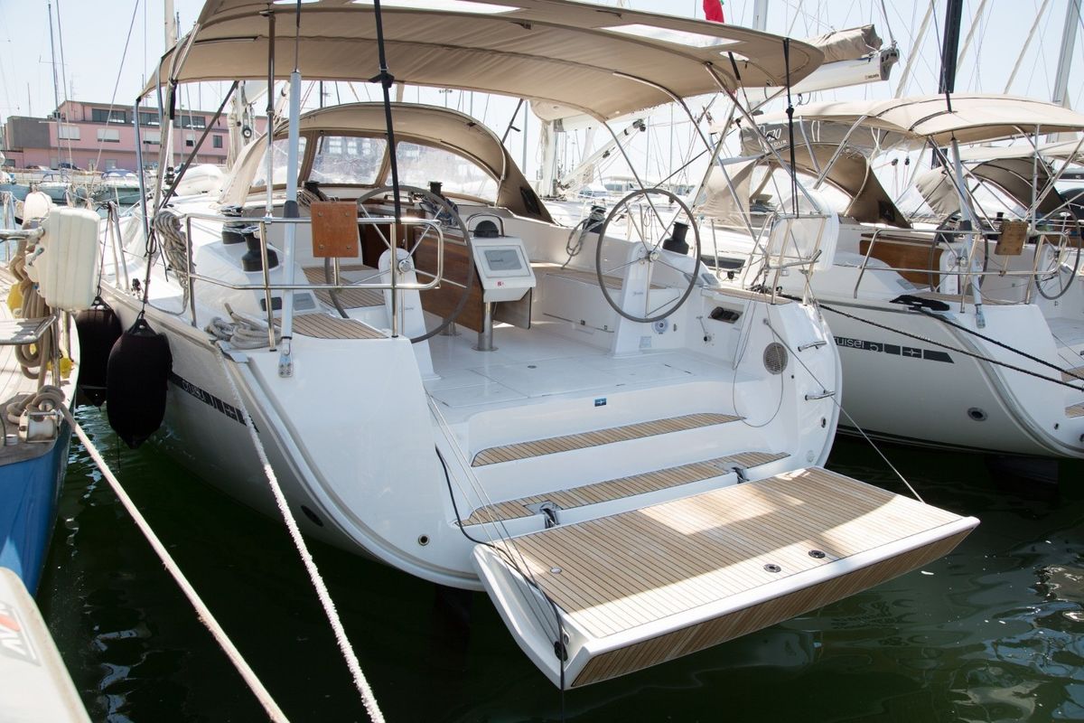 Exterior view of Tuerredda, a Bavaria Cruiser 46 sailboat at Olbia, Italy