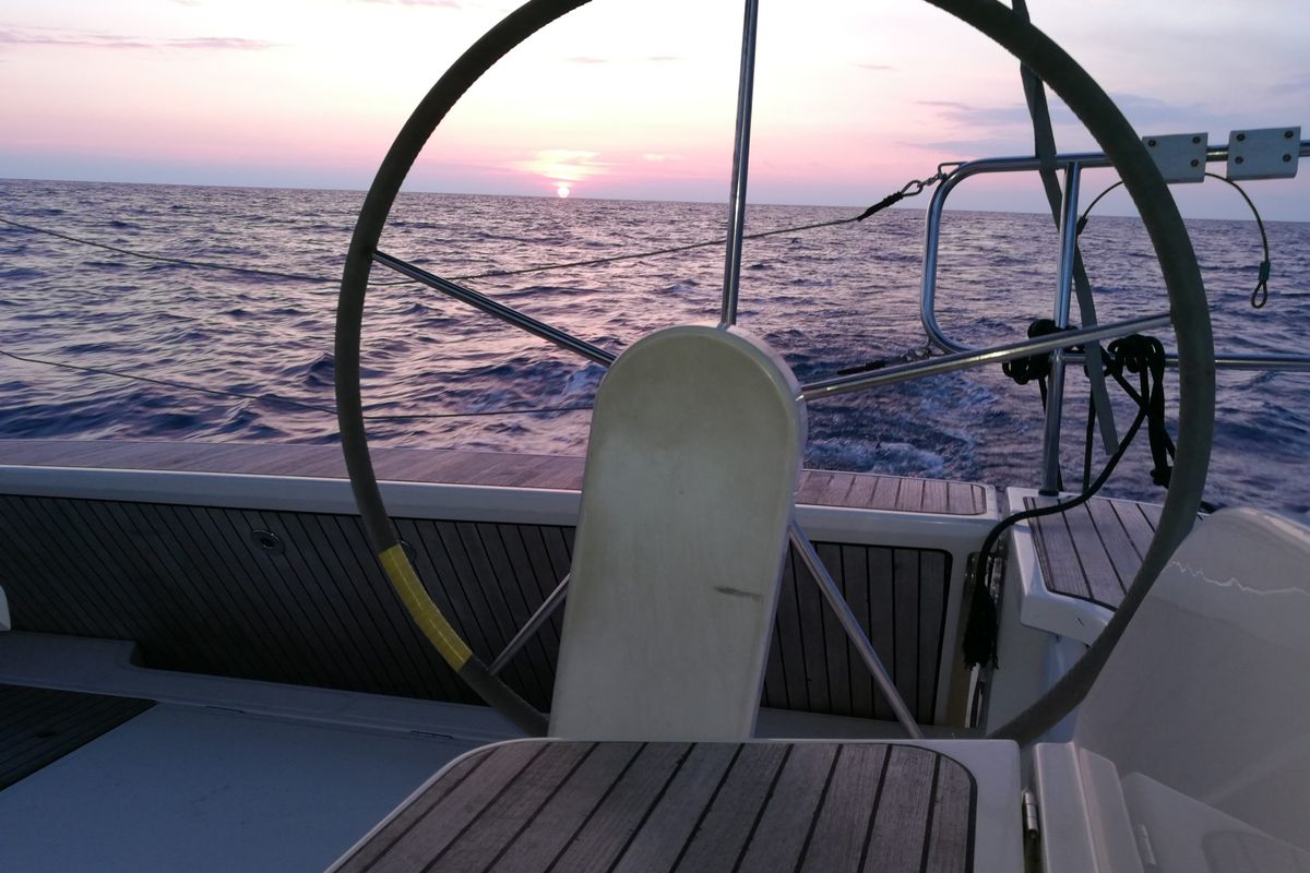 Cockpit of Tuerredda, a Bavaria Cruiser 46 sailboat at Olbia, Italy