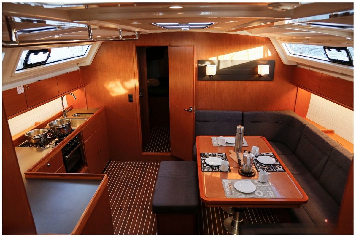 Salon of Tuerredda, a Bavaria Cruiser 46 sailboat at Olbia, Italy