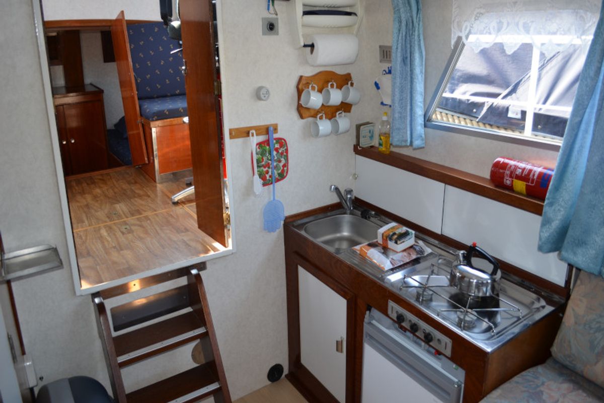 Galley of Perla, a De Drait Doerak 850 AK motorboat at Drachten, Netherlands