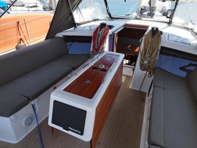 Deck of Thymus, a Dufour 430 sailboat at Olbia, Italy