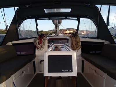 Cockpit of Thymus, a Dufour 430 sailboat at Olbia, Italy