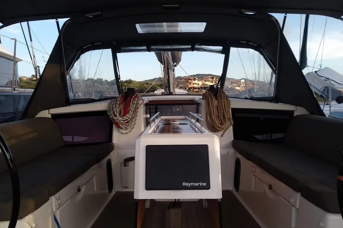 Cockpit of Thymus, a Dufour 430 sailboat at Olbia, Italy