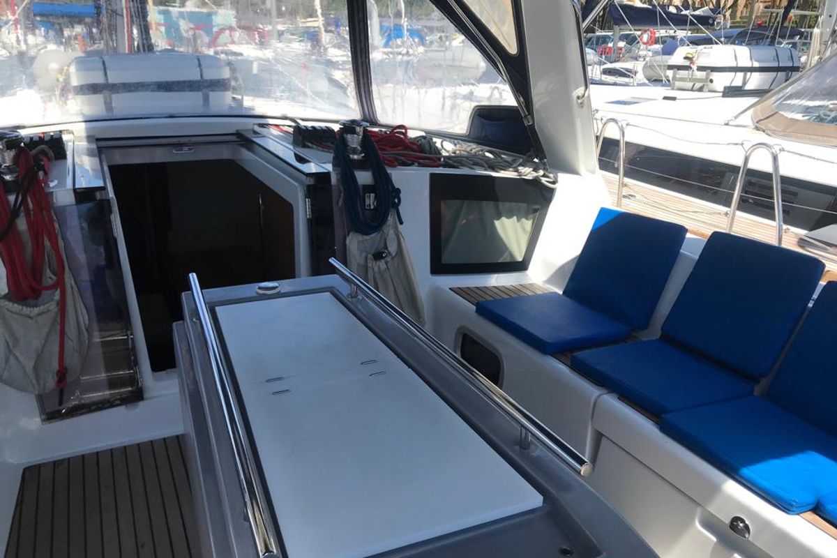 Deck of Alboran Gin Tonic, a Beneteau Oceanis 45 sailboat at es Jonquet, Spain
