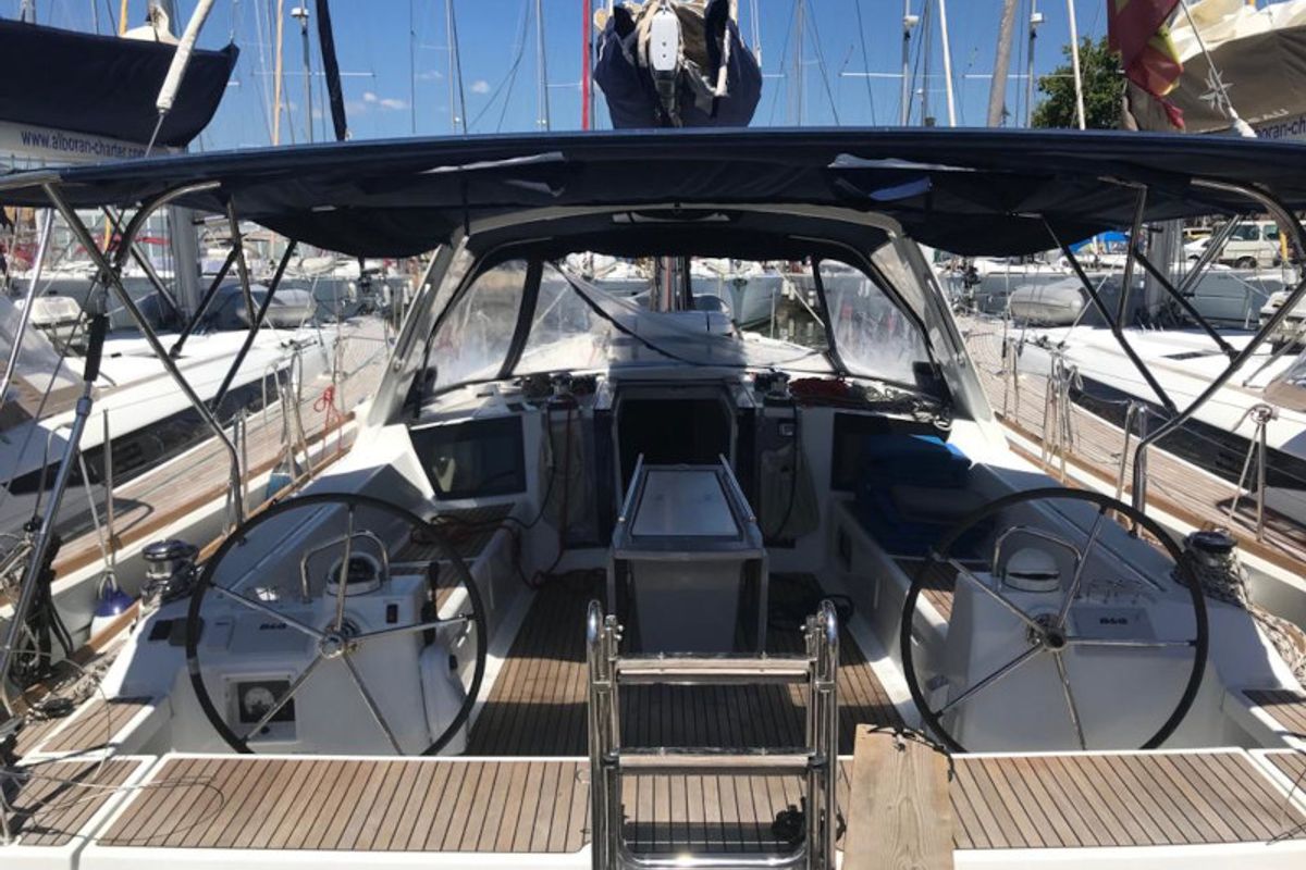 Cockpit of Alboran Gin Tonic, a Beneteau Oceanis 45 sailboat at es Jonquet, Spain
