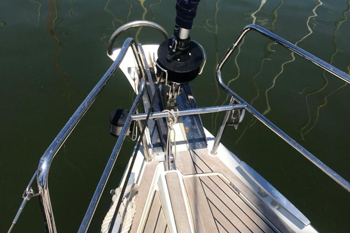 Deck of Alboran Gin Tonic, a Beneteau Oceanis 45 sailboat at es Jonquet, Spain