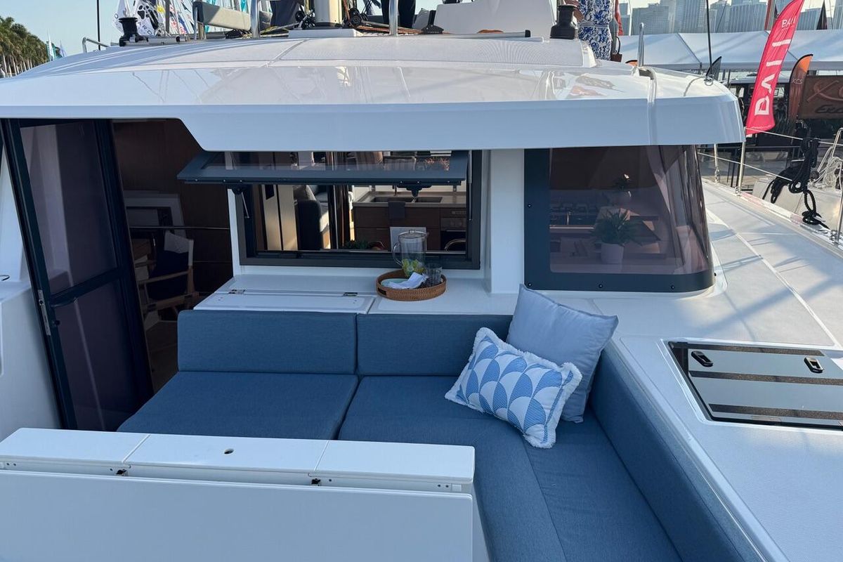 Deck of Rosa Regale, a Bali 4.6 - 4 cab. OW catamaran at Central Abaco, Bahamas