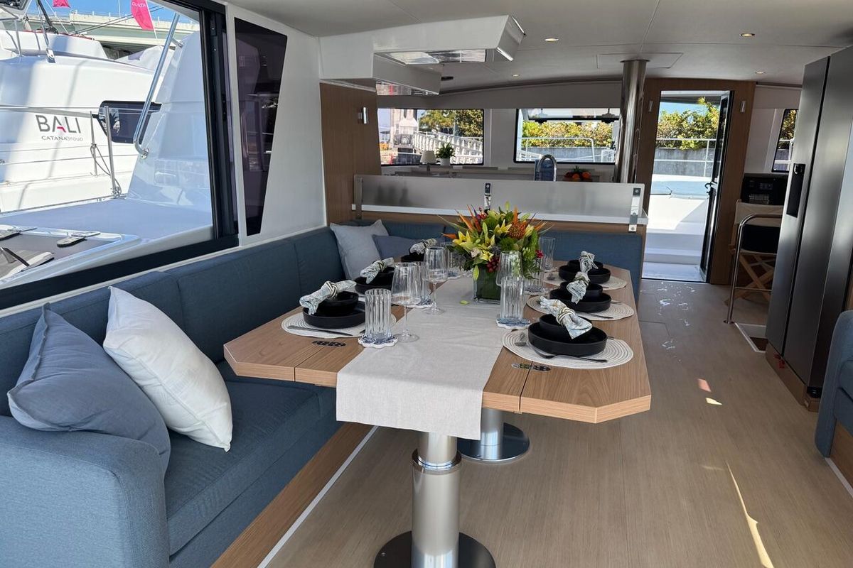 Salon of Rosa Regale, a Bali 4.6 - 4 cab. OW catamaran at Central Abaco, Bahamas