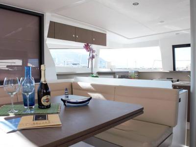 Salon of Fasteam One, a Bali 4.3 catamaran at Castellammare di Stabia, Italy