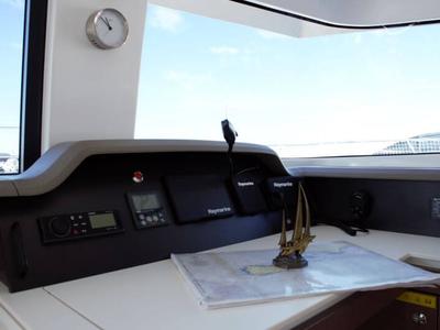Cockpit of Fasteam One, a Bali 4.3 catamaran at Castellammare di Stabia, Italy