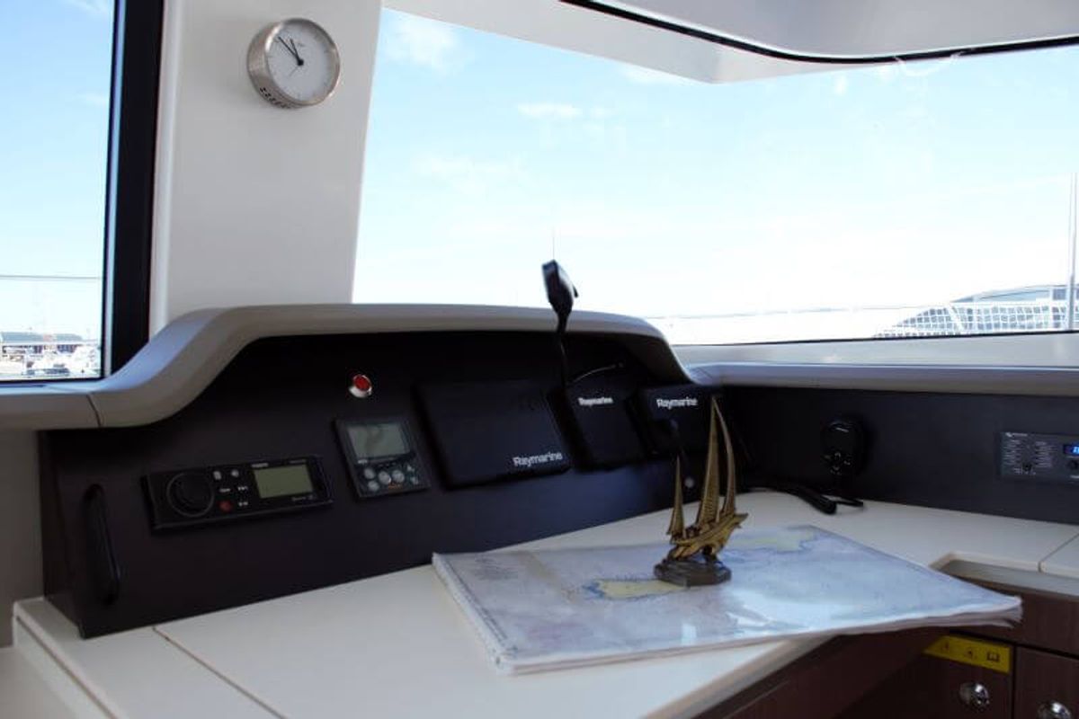 Cockpit of Fasteam One, a Bali 4.3 catamaran at Castellammare di Stabia, Italy