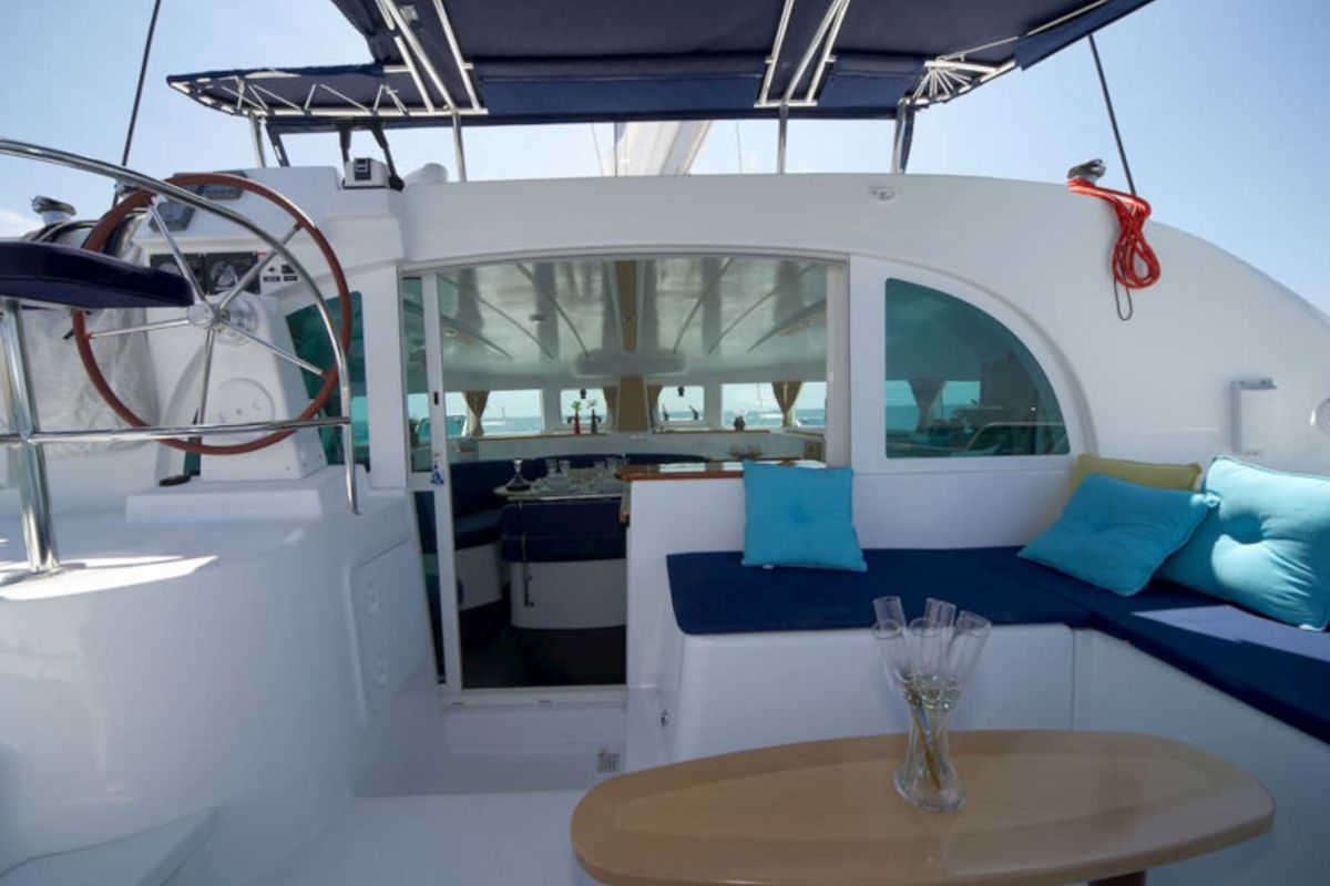 Cockpit of Malvasia, a Lagoon 380 catamaran at Salerno, Italy