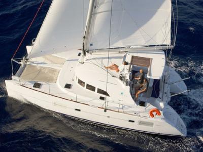 Exterior view of Malvasia, a Lagoon 380 catamaran at Salerno, Italy