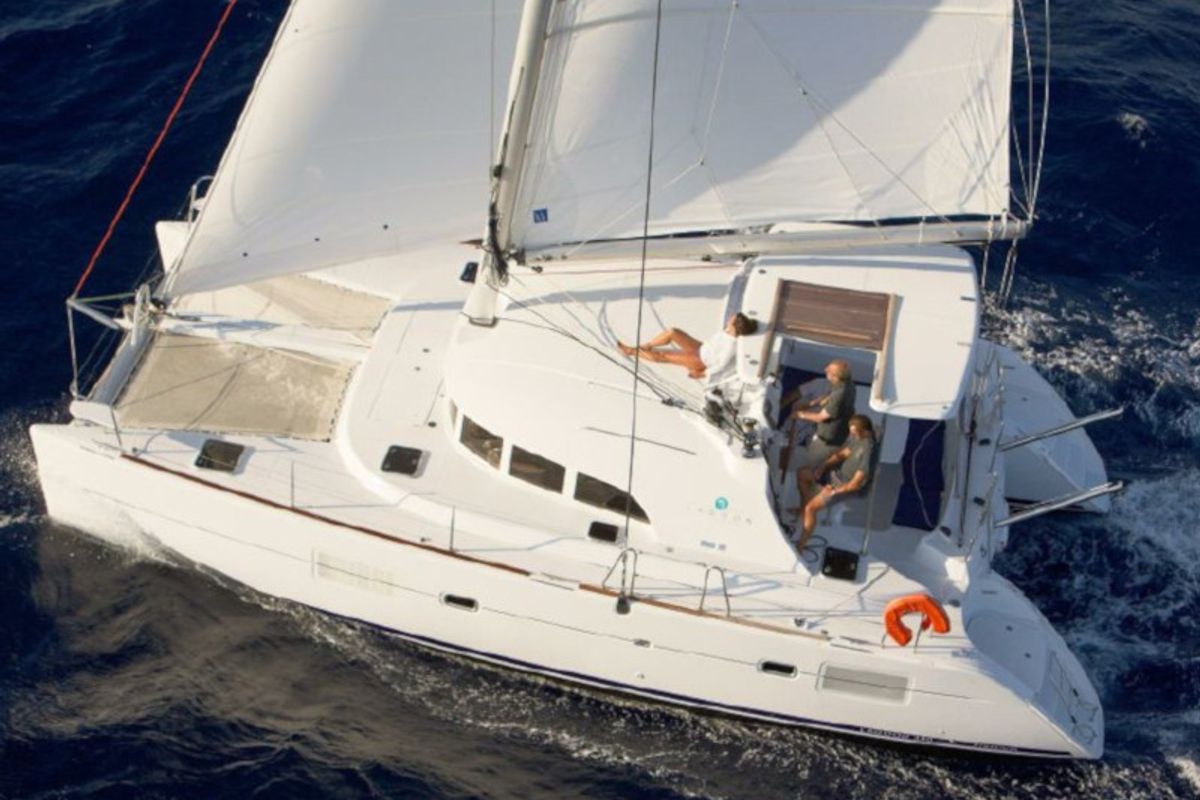 Exterior view of Malvasia, a Lagoon 380 catamaran at Salerno, Italy