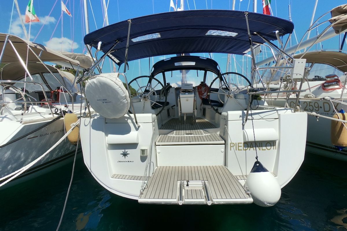 Exterior view of Piedanlo II, a Jeanneau Sun Odyssey 409 sailboat at Olbia, Italy