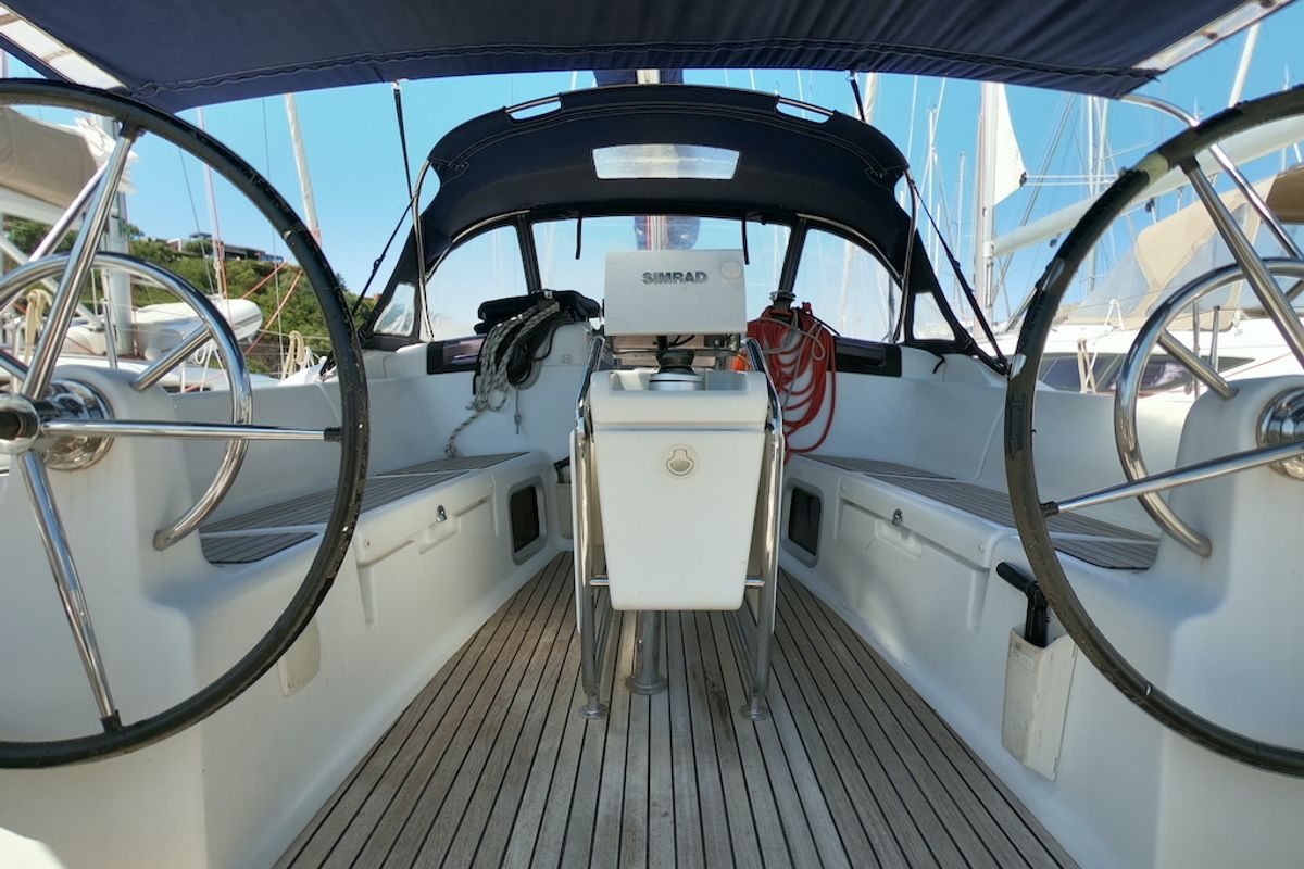 Cockpit of Piedanlo II, a Jeanneau Sun Odyssey 409 sailboat at Olbia, Italy