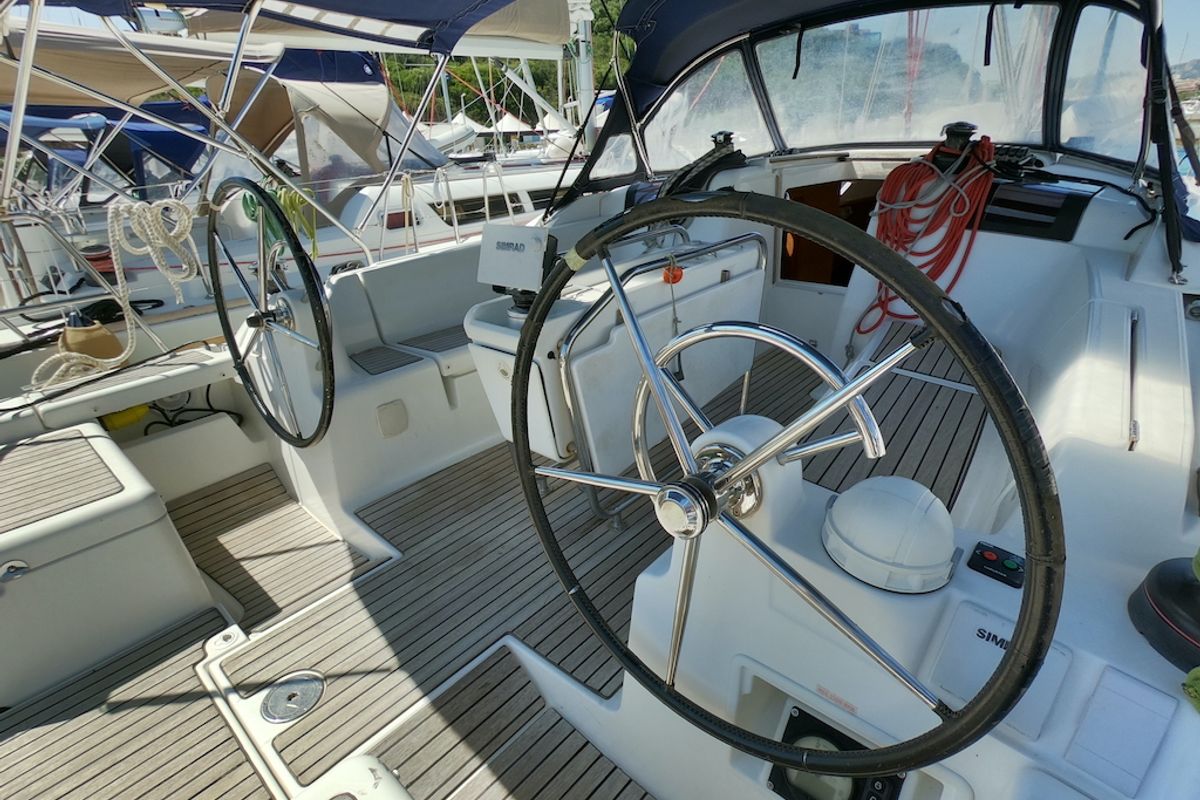 Cockpit of Piedanlo II, a Jeanneau Sun Odyssey 409 sailboat at Olbia, Italy